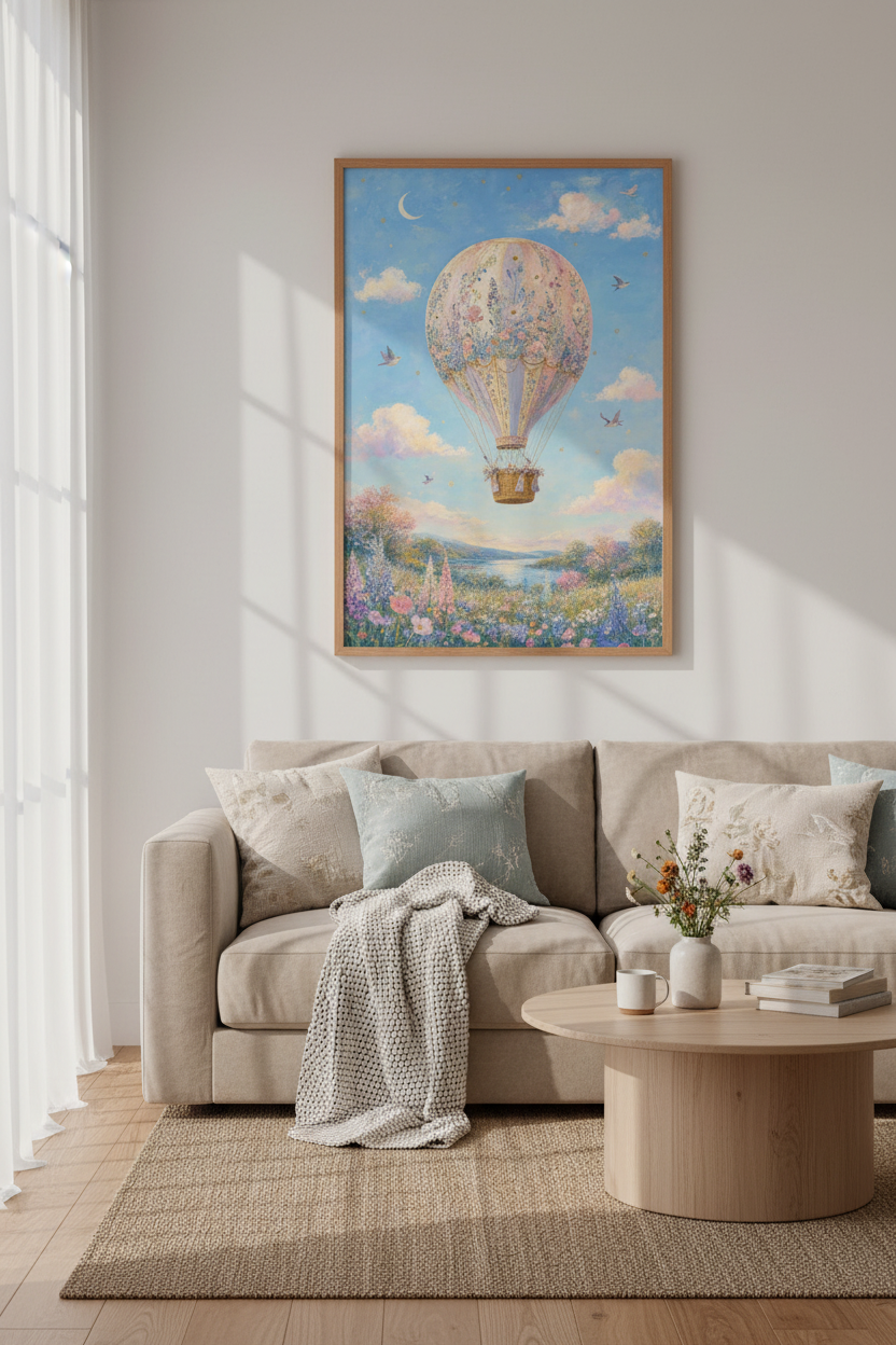 Floral Hot Air Balloon Wall Art | Pastel Cottagecore Print, Kids Nursery Decor