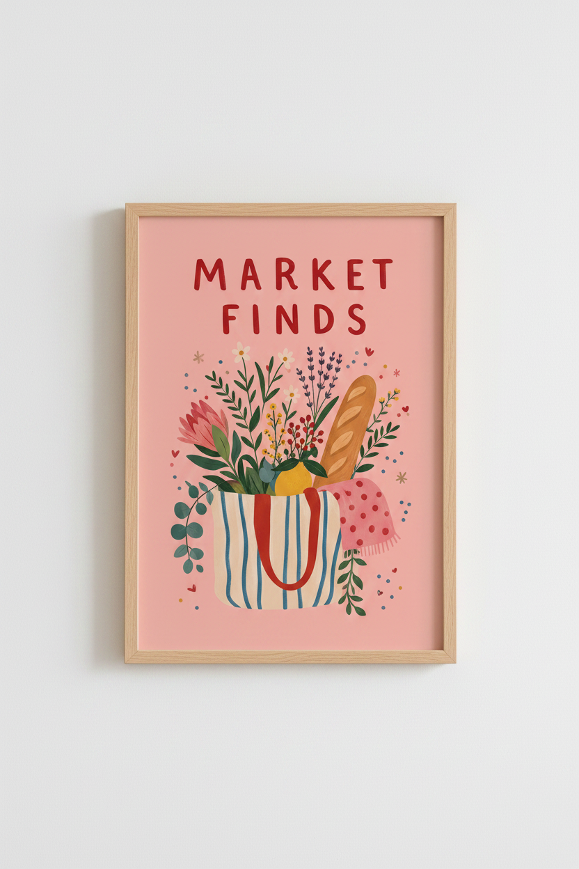 French Kitchen Art Print | Pink Market Finds Poster, Cute Foodie Room Decor