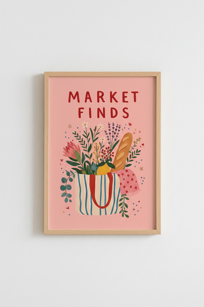 French Kitchen Art Print | Pink Market Finds Poster, Cute Foodie Room Decor