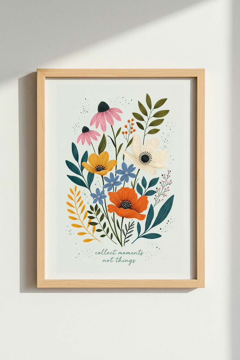 Folk Floral Wall Art Print | Boho Wildflower Poster, Cottagecore Living Room Decor