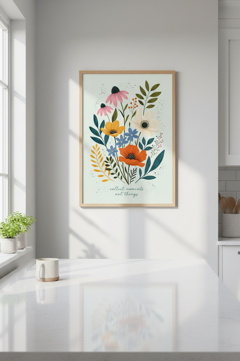 Folk Floral Wall Art Print | Boho Wildflower Poster, Cottagecore Living Room Decor