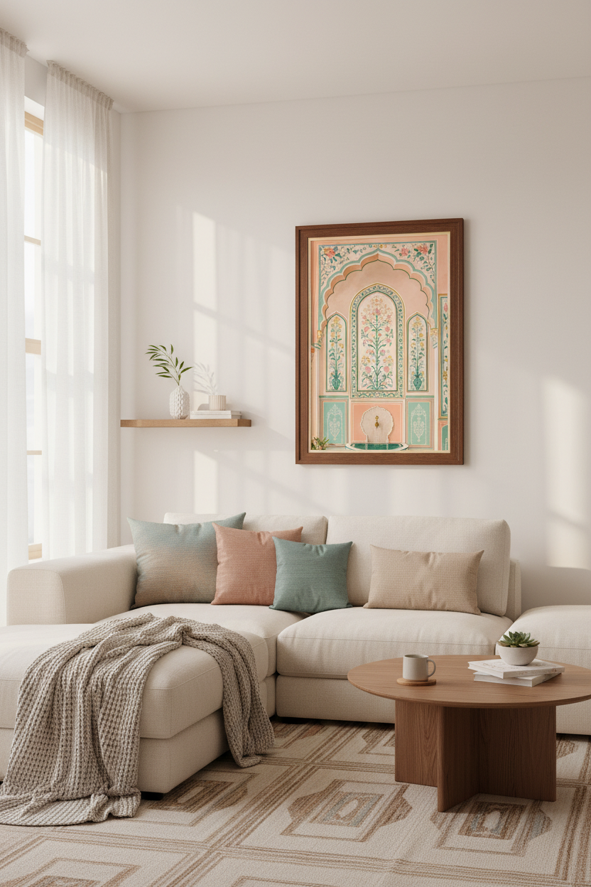 Indian Arch Fountain Art | Peach &amp; Teal Mughal Floral Print, Jaipur Decor
