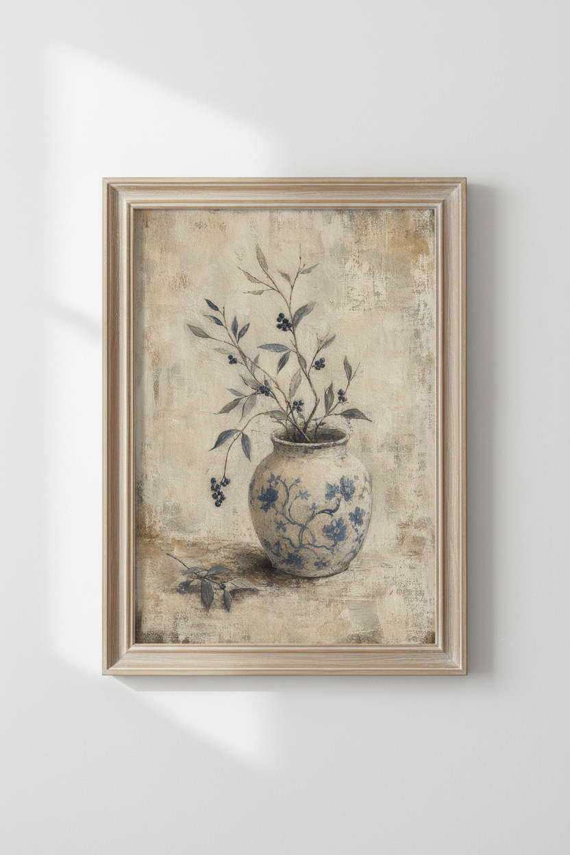 Blue Chinoiserie Vase Wall Art | Vintage Still Life Poster, Farmhouse Dining Room Decor