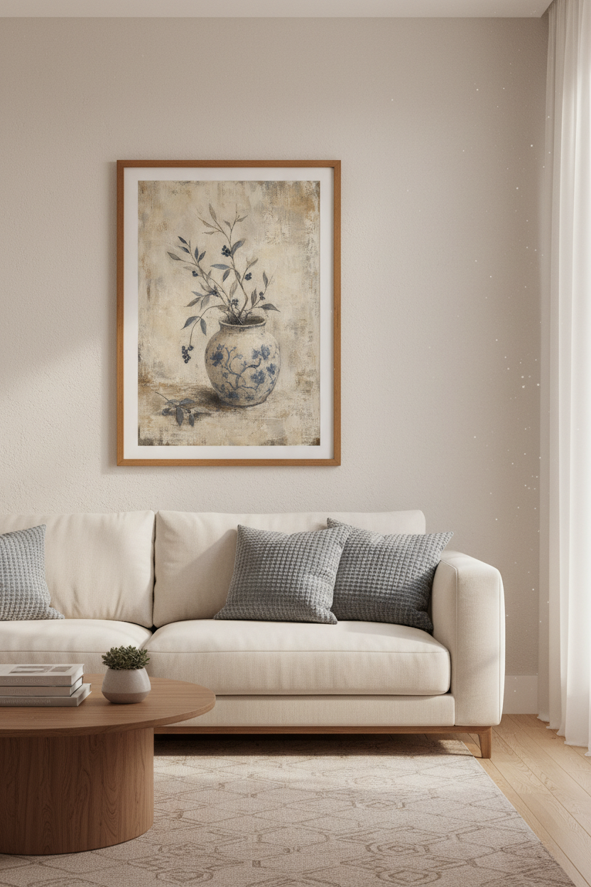 Blue Chinoiserie Vase Wall Art | Vintage Still Life Poster, Farmhouse Dining Room Decor