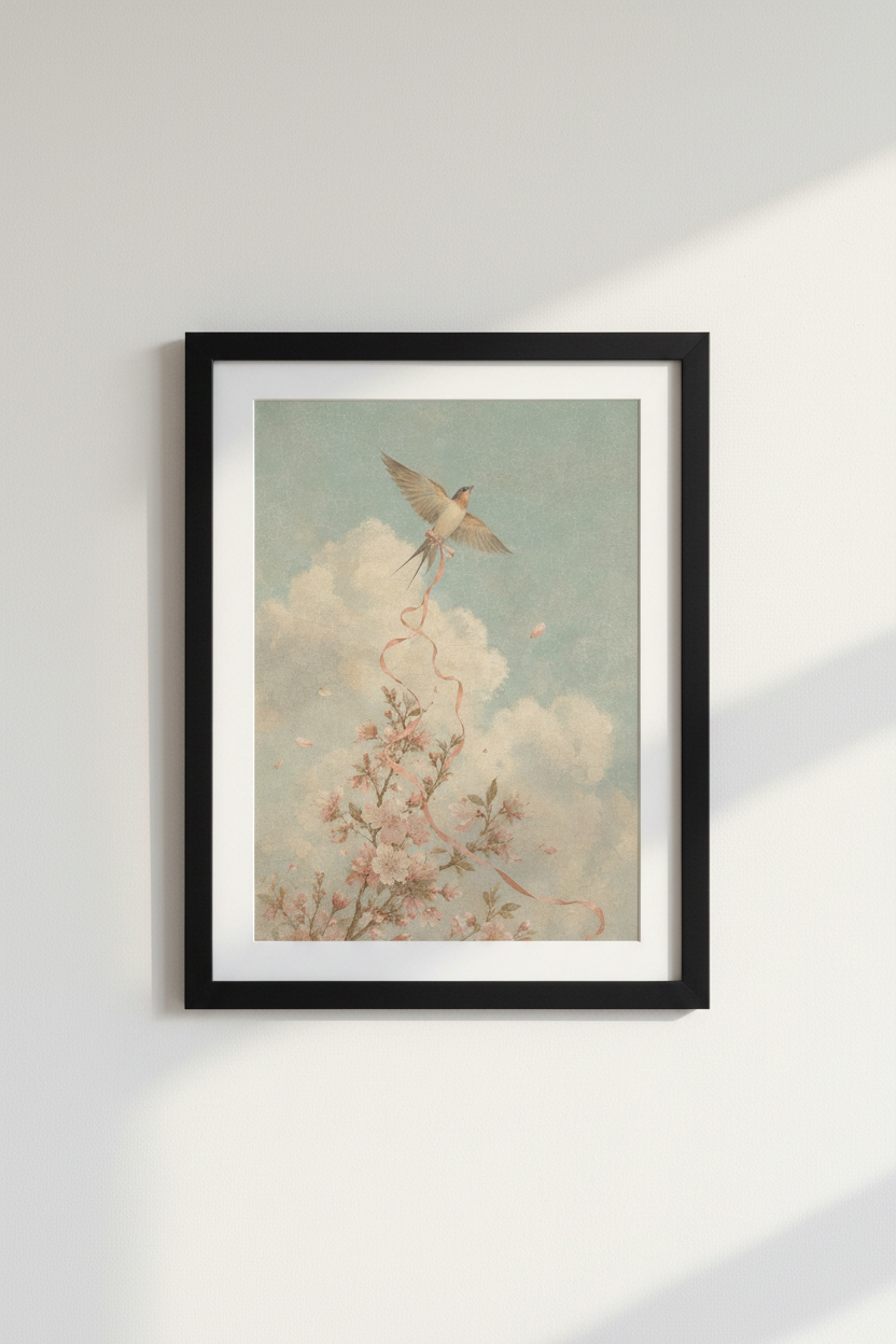 Vintage Swallow Bird &amp; Blossom Wall Art | Pastel Nursery Decor | Chinoiserie Poster