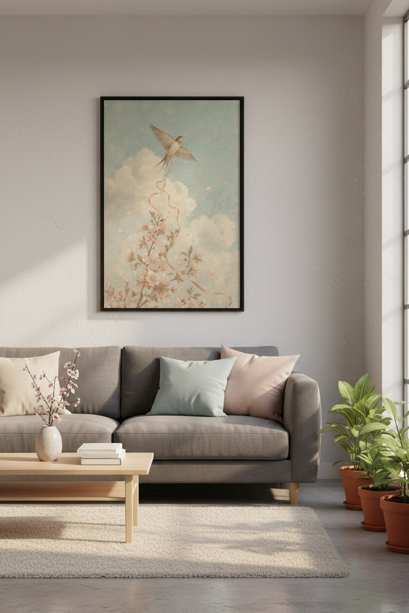 Vintage Swallow Bird &amp; Blossom Wall Art | Pastel Nursery Decor | Chinoiserie Poster