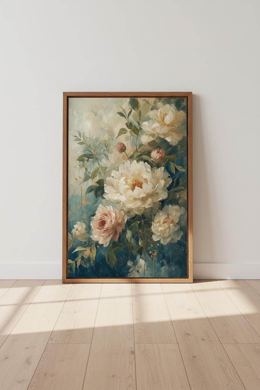 White Peony Floral Oil Painting | Vintage Teal &amp; Gold Decor, Moody Botanical Poster