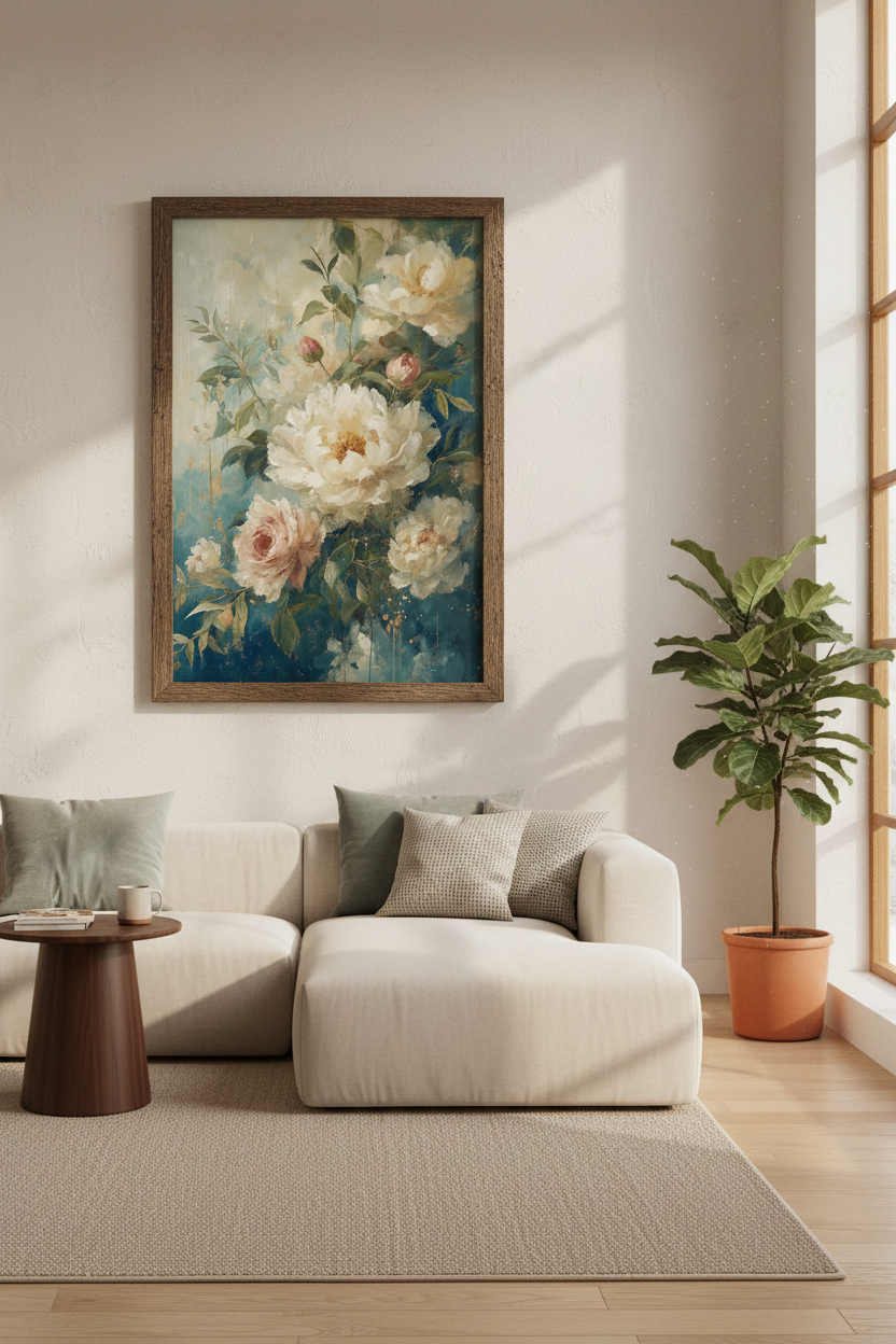 White Peony Floral Oil Painting | Vintage Teal &amp; Gold Decor, Moody Botanical Poster