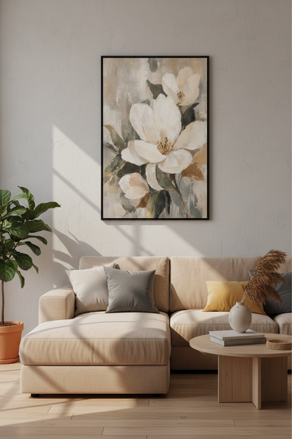 Magnolia Blossom | Abstract Oil Painting Style, Neutral Farmhouse Decor