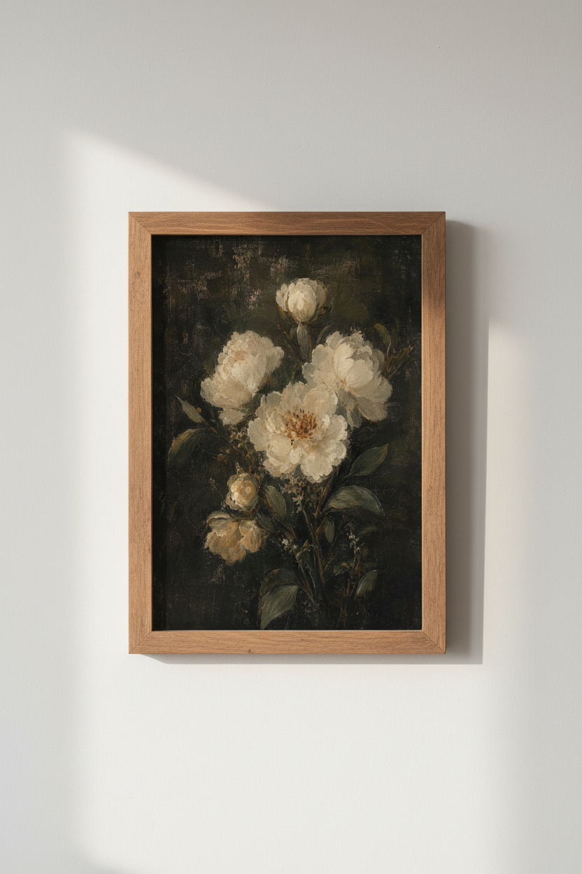 Dark Moody White Peony Wall Art Print | Bedroom Decor | Vintage Oil Painting Poster