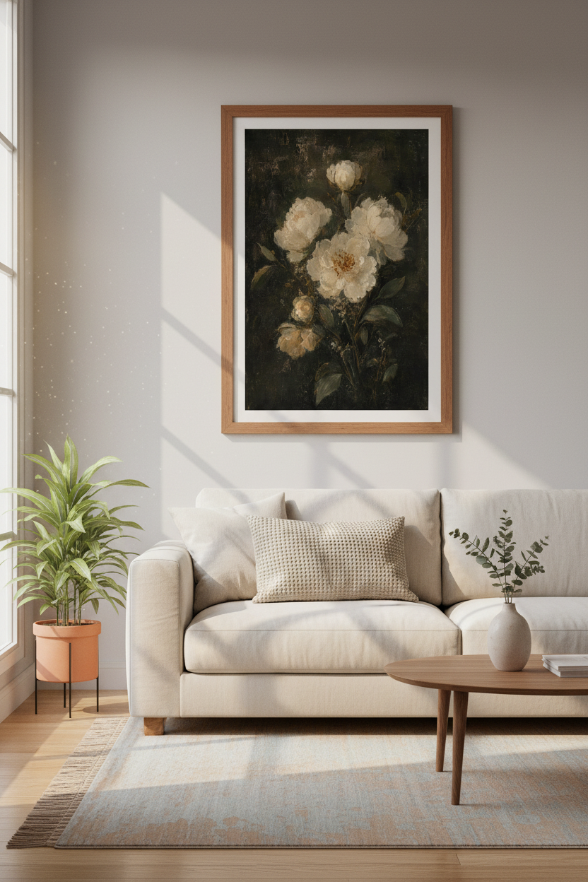Dark Moody White Peony Wall Art Print | Bedroom Decor | Vintage Oil Painting Poster