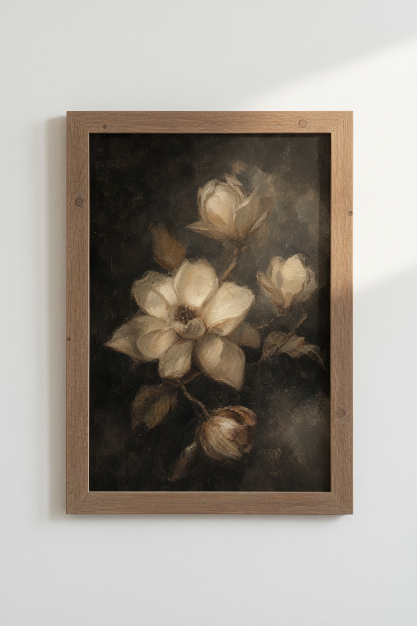 Moody Magnolia Painting | Dark Floral Vintage Oil Style, Bedroom Wall Decor