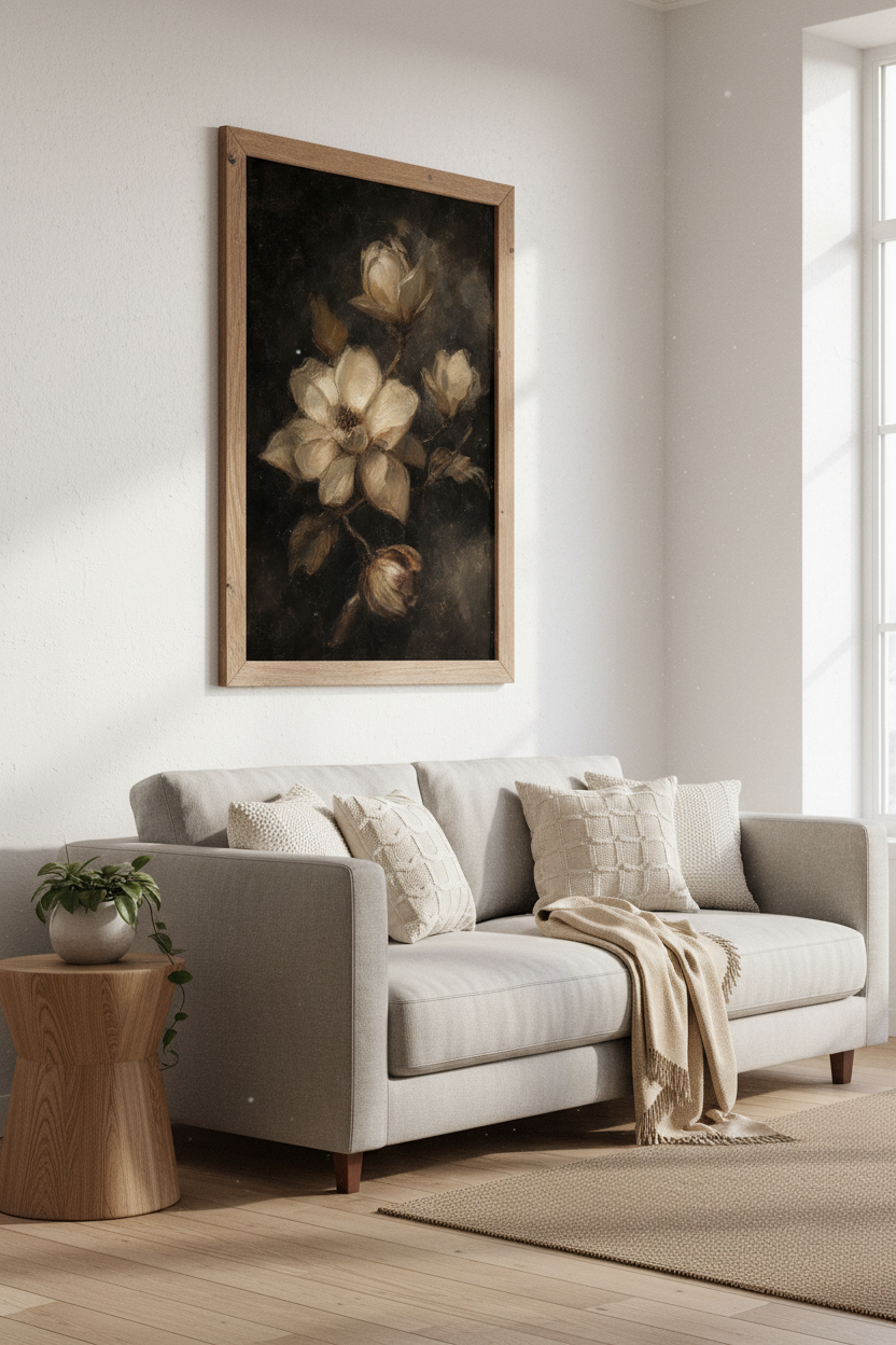 Moody Magnolia Painting | Dark Floral Vintage Oil Style, Bedroom Wall Decor