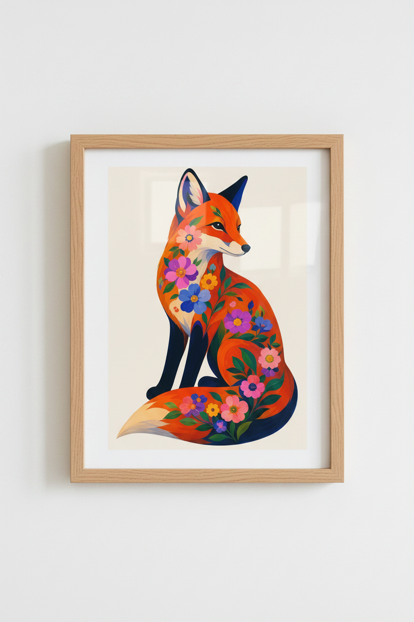 Floral Fox Art Print | Colorful Animal Poster, Whimsical Nature Nursery Decor