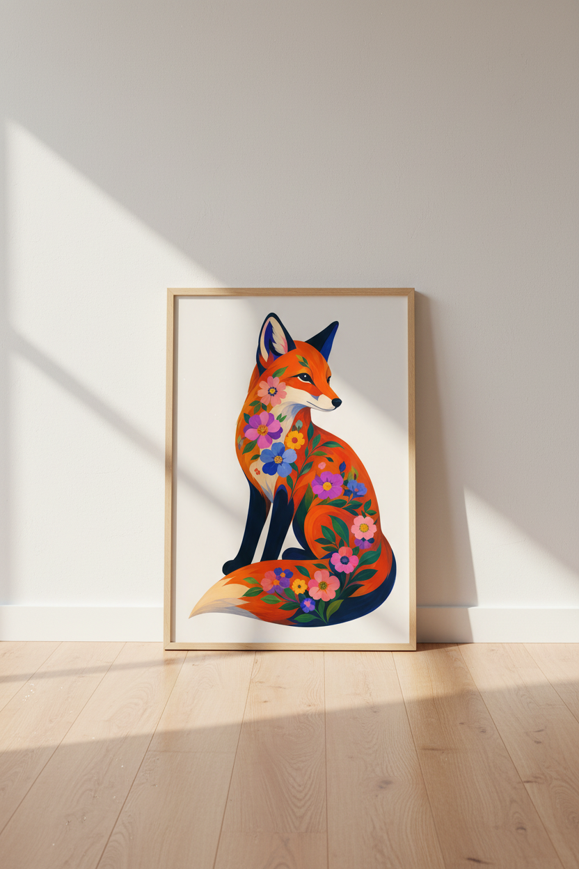 Floral Fox Art Print | Colorful Animal Poster, Whimsical Nature Nursery Decor