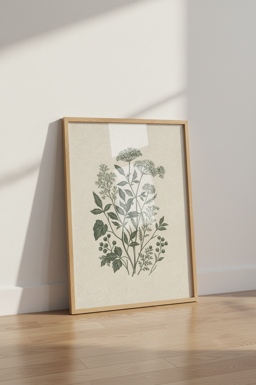 Vintage Wildflower Botanical Wall Art | Moss Green Floral Sketch, Cottagecore Poster