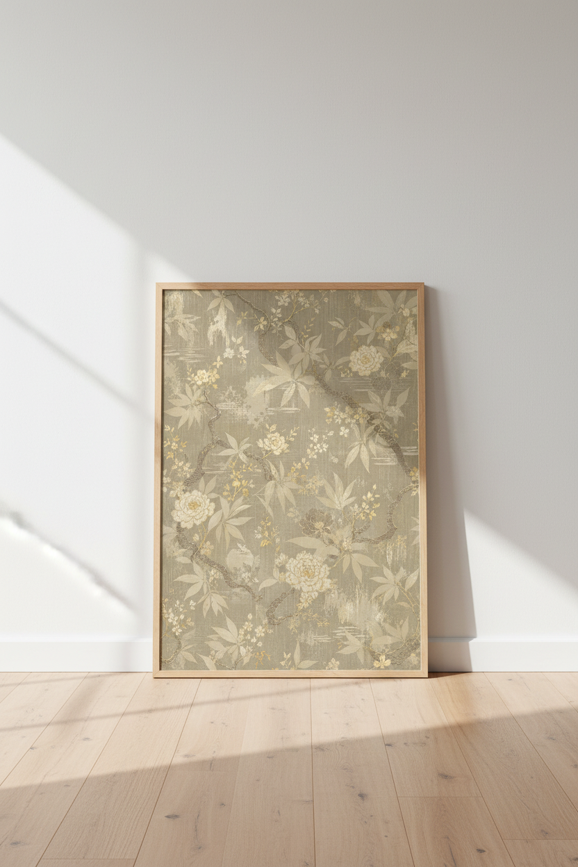 Botanical wall art | vintage golds, muted taupe, living room decor