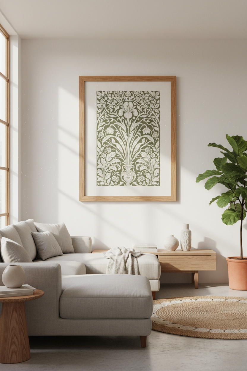 William Morris Iris Floral Wall Art | Sage Green Vintage Print, Botanical Room Decor