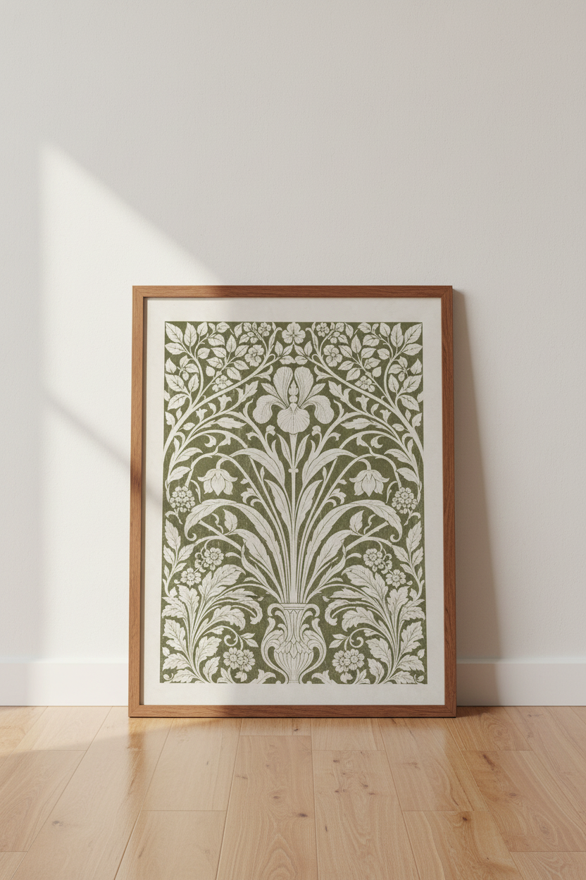 William Morris Iris Floral Wall Art | Sage Green Vintage Print, Botanical Room Decor
