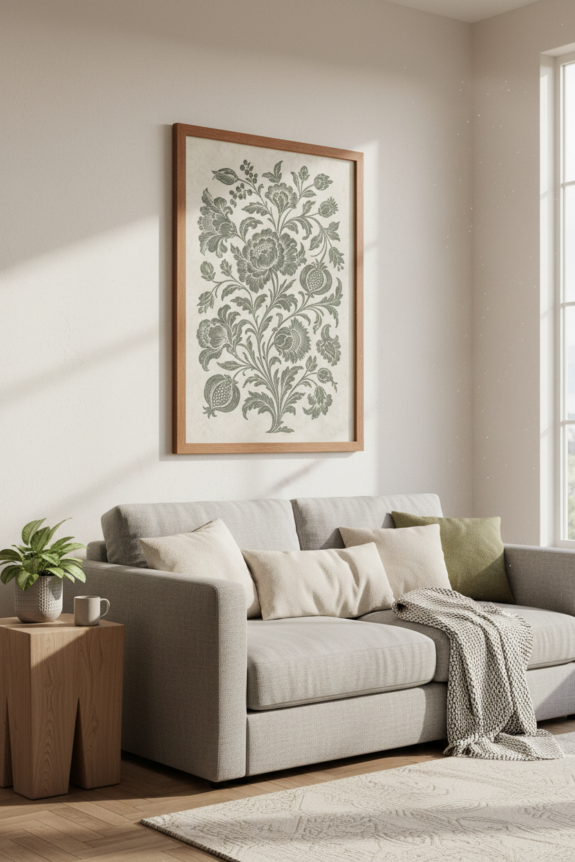 Vintage Sage Green Floral Wall Art | Botanical Pomegranate Poster | Cottagecore Decor