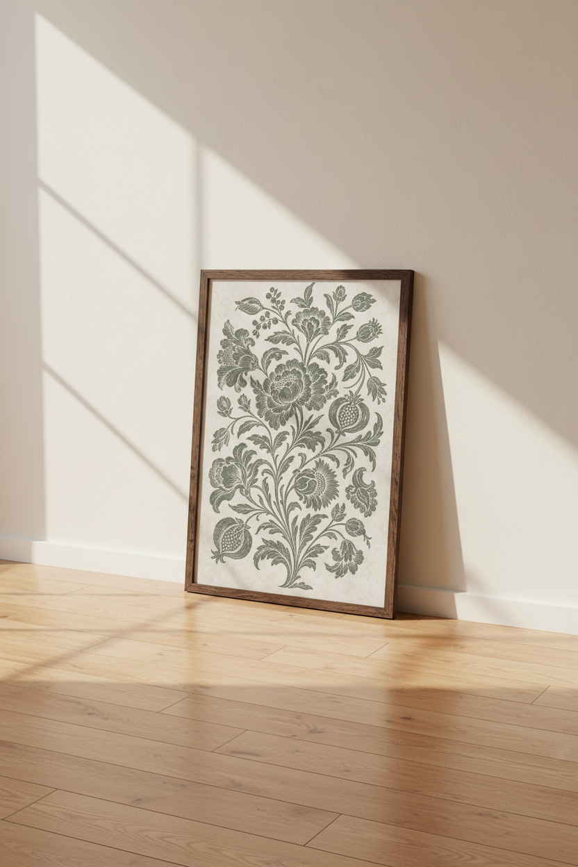 Vintage Sage Green Floral Wall Art | Botanical Pomegranate Poster | Cottagecore Decor