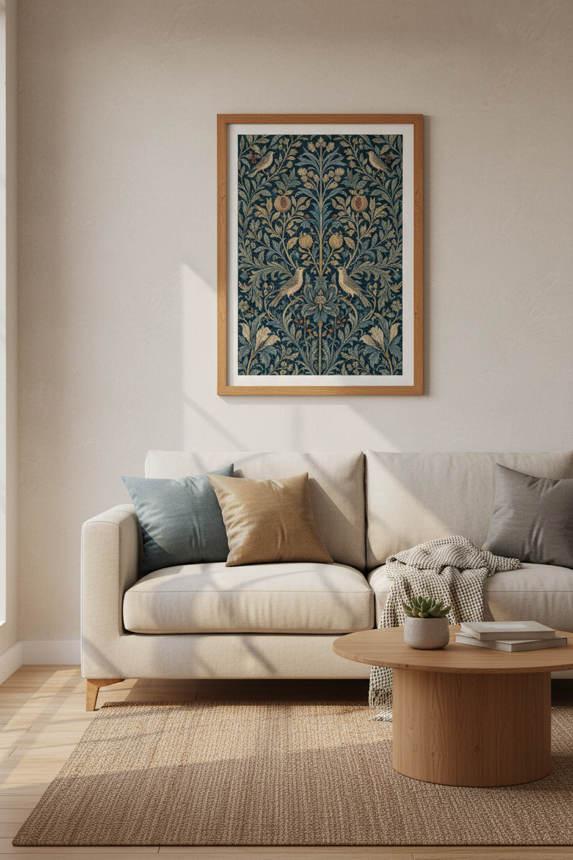 William Morris Bird &amp; Pomegranate Wall Art | Vintage Navy Floral | Botanical Poster