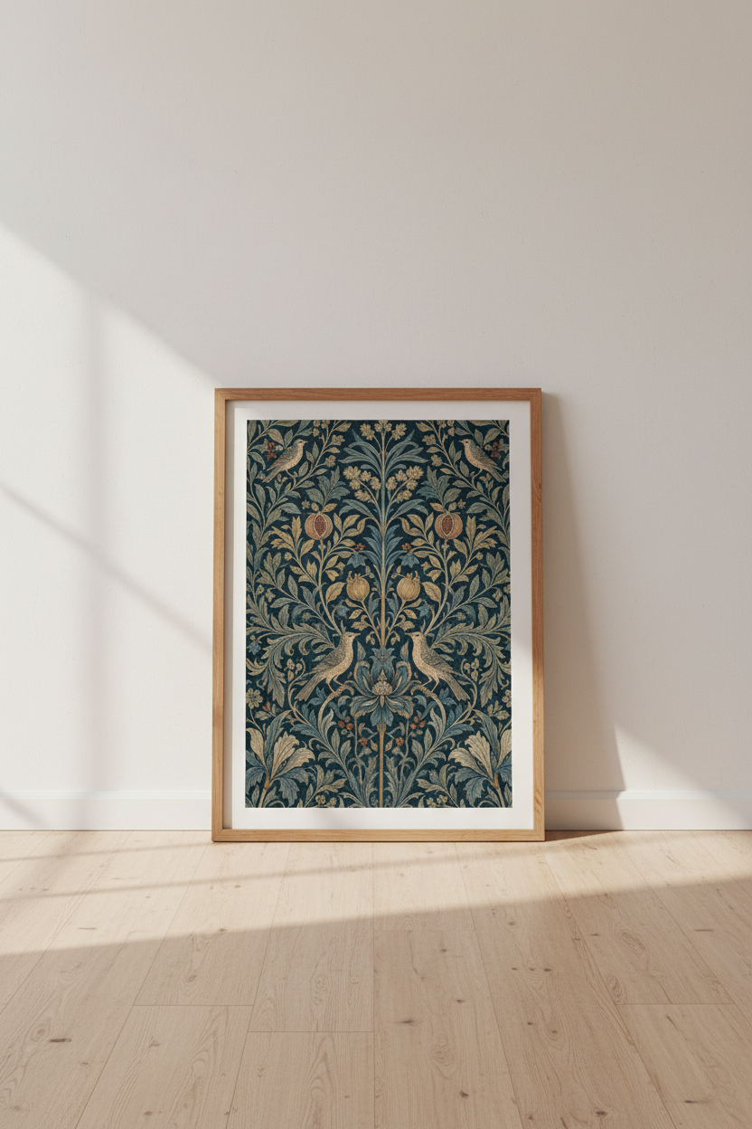 William Morris Bird &amp; Pomegranate Wall Art | Vintage Navy Floral | Botanical Poster