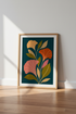Modern Botanical Floral Wall Art Print | Teal and Terracotta Canvas | Minimalist Poster