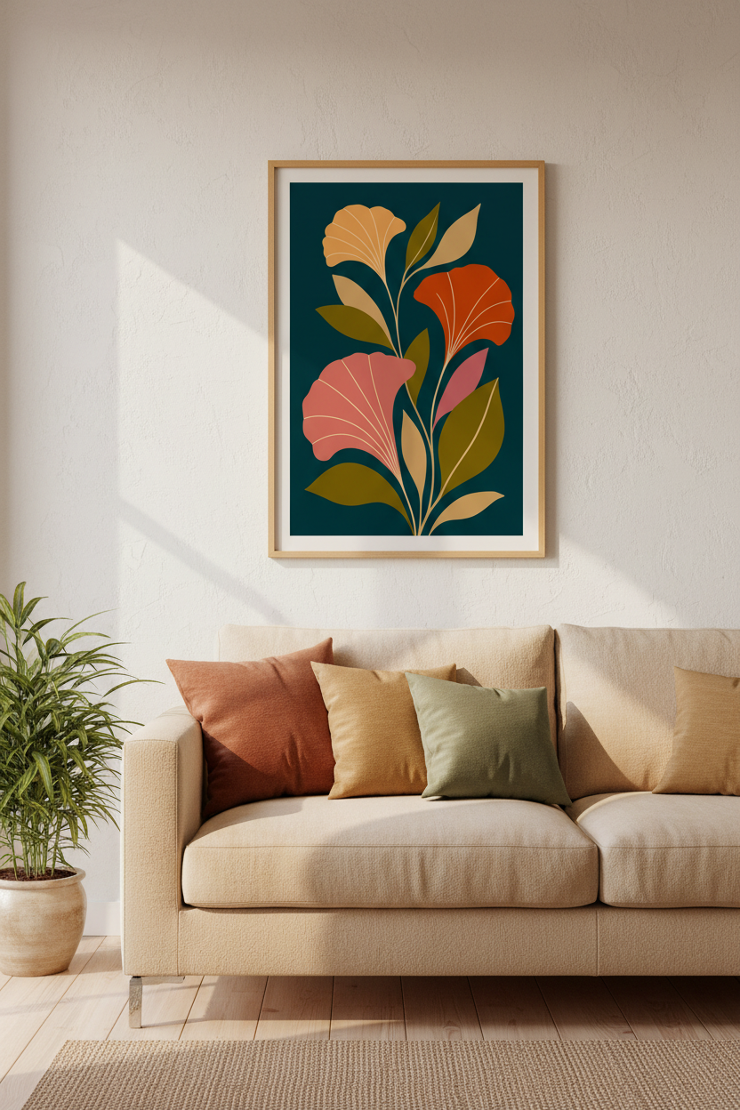 Modern Botanical Floral Wall Art Print | Teal and Terracotta Canvas | Minimalist Poster