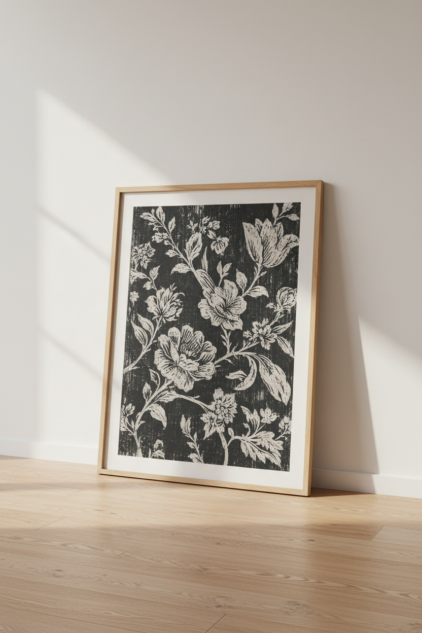 Vintage Floral Print | Distressed Beige Botanical Wall Art | Living Room Decor