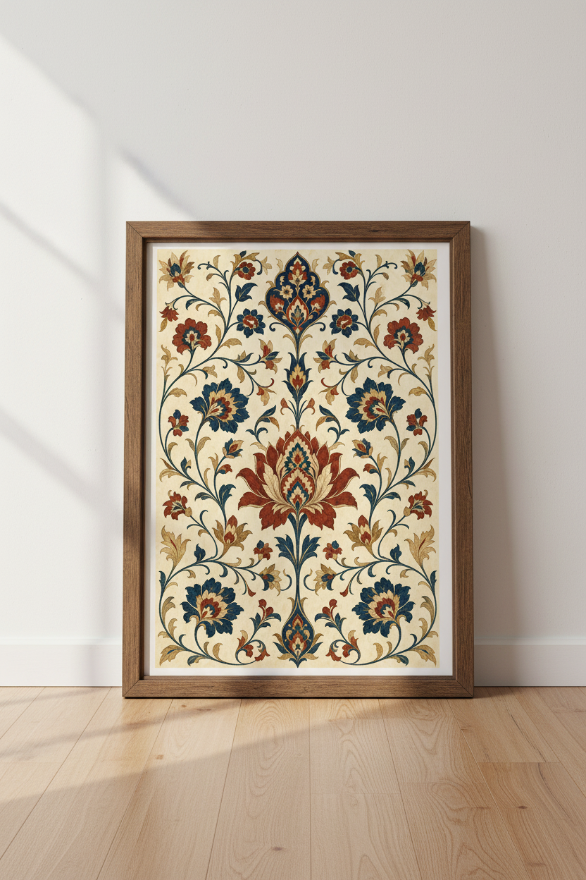 Persian Floral Art | Navy &amp; Terracotta Botanical, Living Room Decor