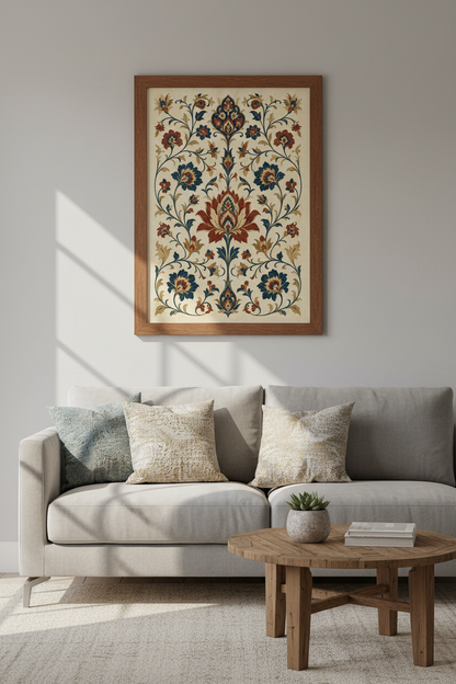 Persian Floral Art | Navy &amp; Terracotta Botanical, Living Room Decor
