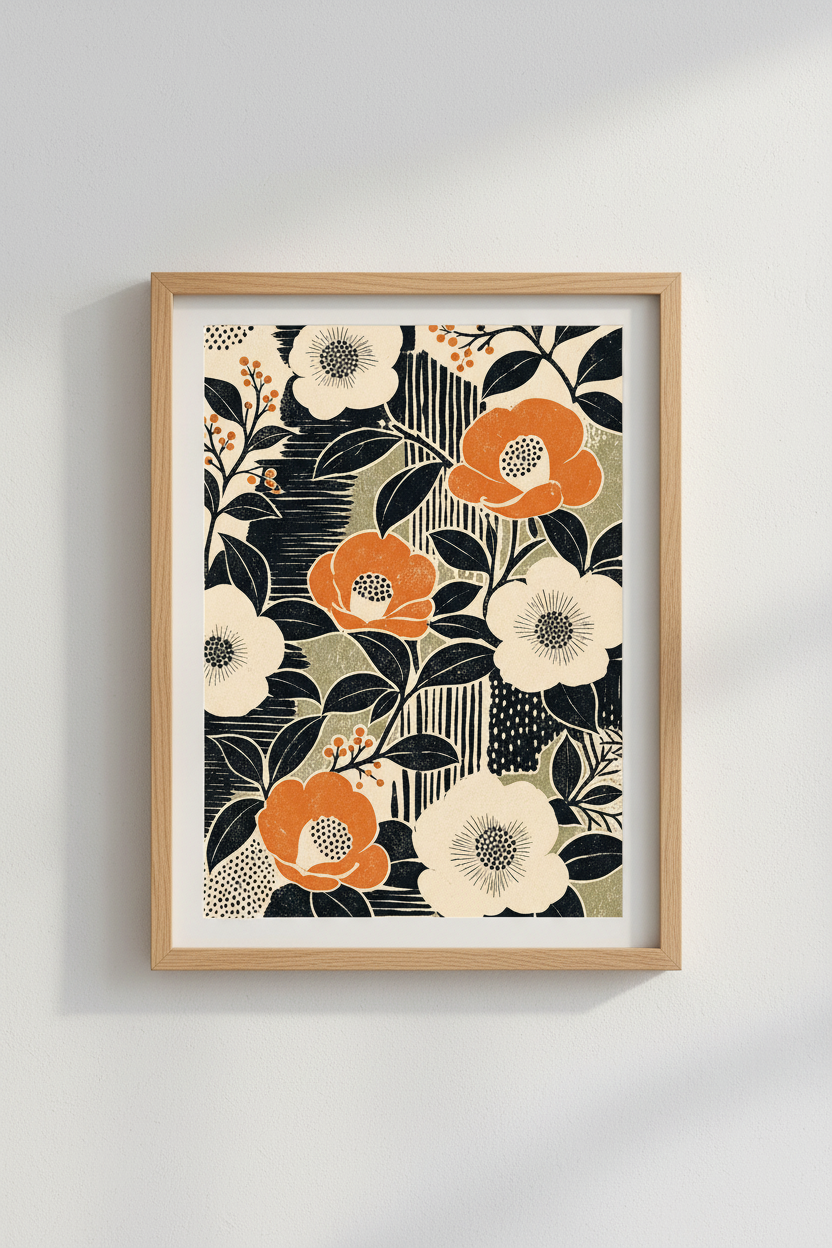 botanical poster | Vintage floral, bold black &amp; orange palette | Living room decor