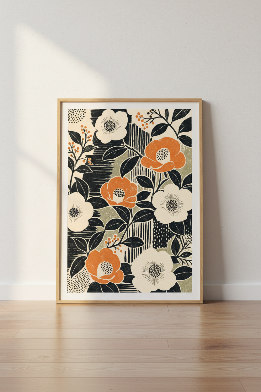botanical poster | Vintage floral, bold black &amp; orange palette | Living room decor