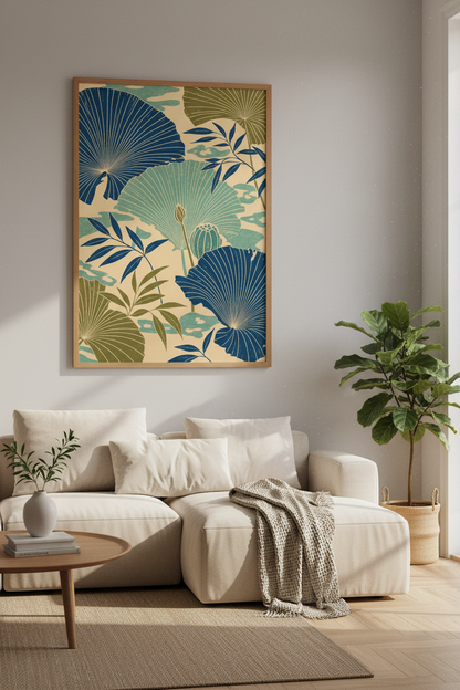 Japanese Lotus Leaf Botanical Wall Art | Blue Green Floral Decor | Japandi Poster