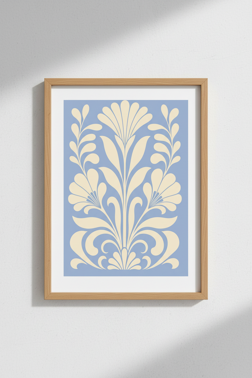 Botanical Wall Art Print | Nouveau Floral, Blue Cream | Living Room Decor