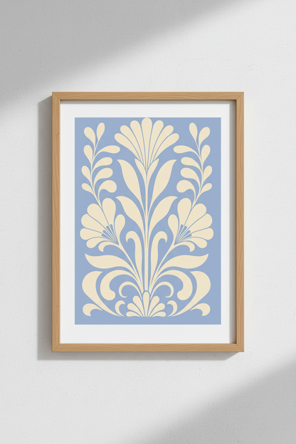 Botanical Wall Art Print | Nouveau Floral, Blue Cream | Living Room Decor