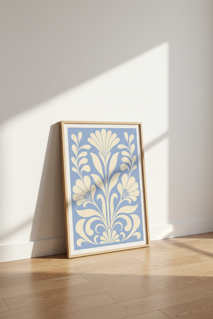Botanical Wall Art Print | Nouveau Floral, Blue Cream | Living Room Decor