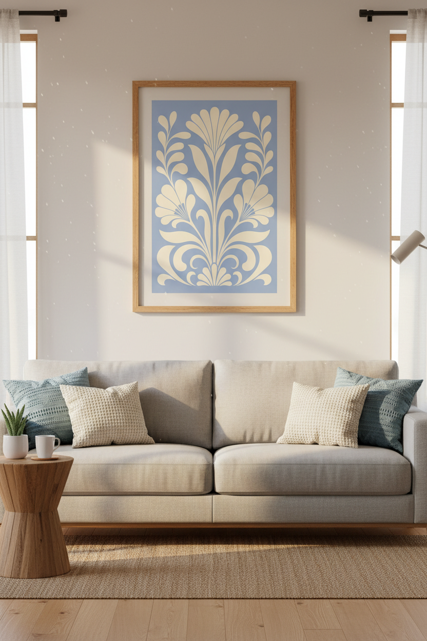 Botanical Wall Art Print | Nouveau Floral, Blue Cream | Living Room Decor