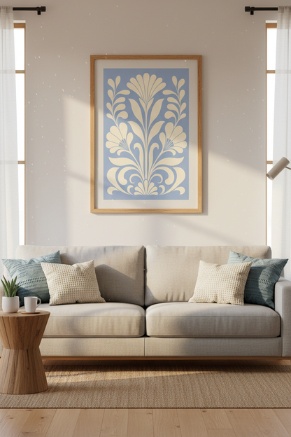 Botanical Wall Art Print | Nouveau Floral, Blue Cream | Living Room Decor