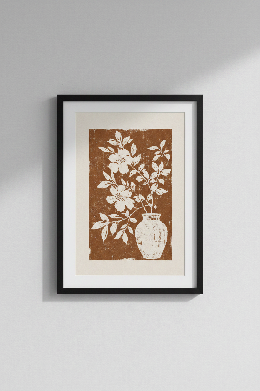 Floral Linocut Wall Art | Terracotta Botanical Print, Boho Living Room Decor