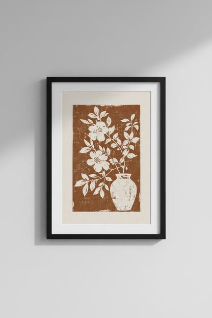Floral Linocut Wall Art | Terracotta Botanical Print, Boho Living Room Decor