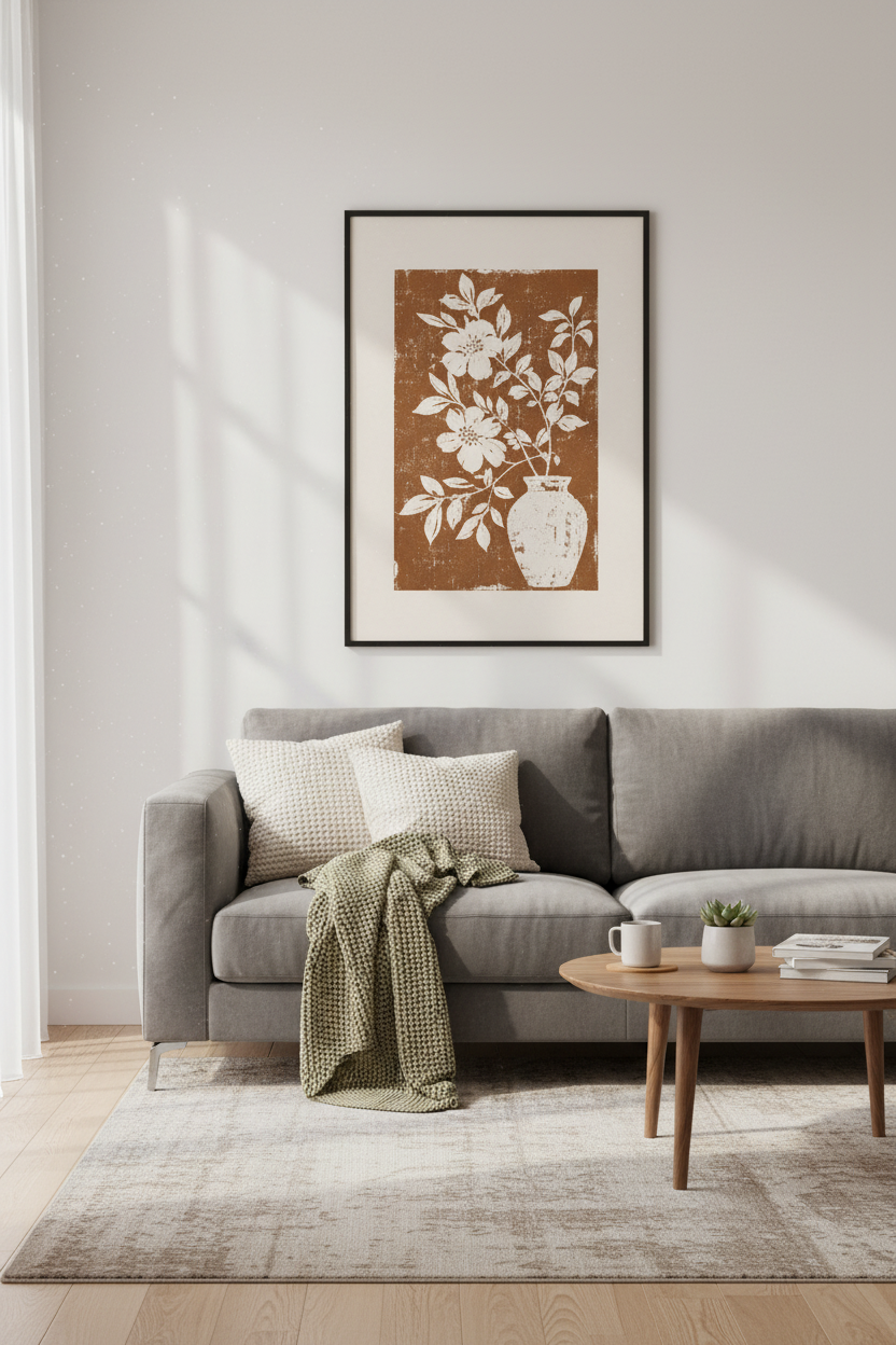 Floral Linocut Wall Art | Terracotta Botanical Print, Boho Living Room Decor