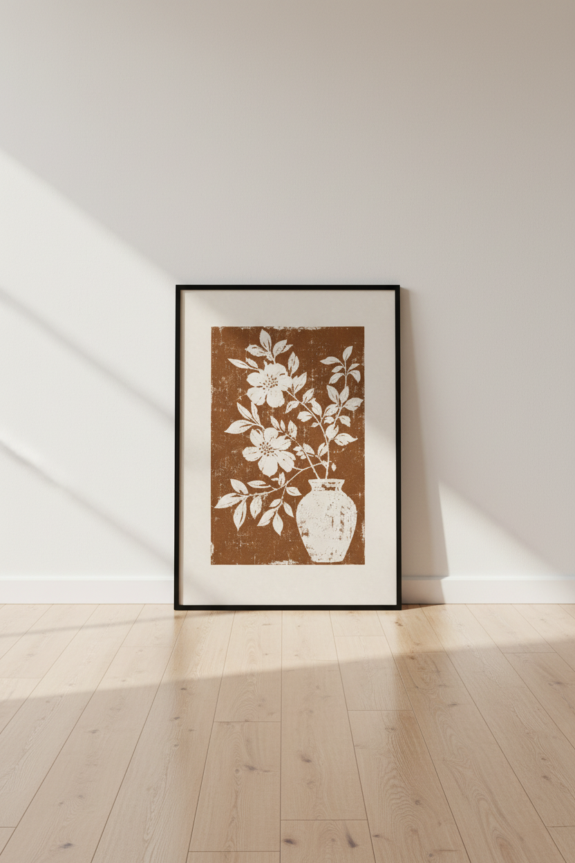 Floral Linocut Wall Art | Terracotta Botanical Print, Boho Living Room Decor