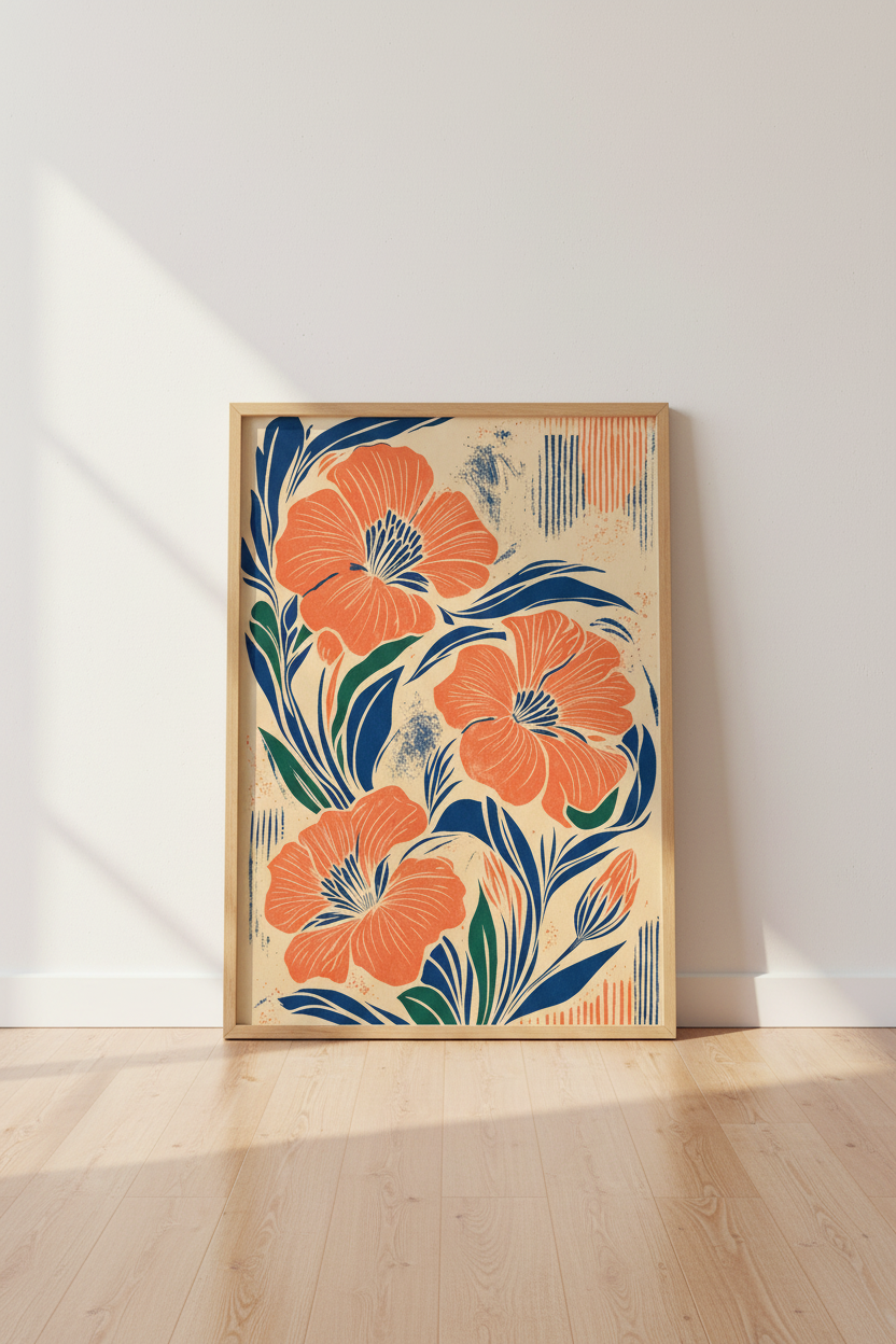 Abstract Floral Wall Art | Burnt Orange &amp; Navy Botanical Print, Living Room Decor