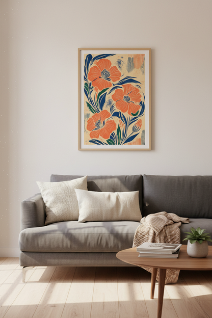 Abstract Floral Wall Art | Burnt Orange &amp; Navy Botanical Print, Living Room Decor
