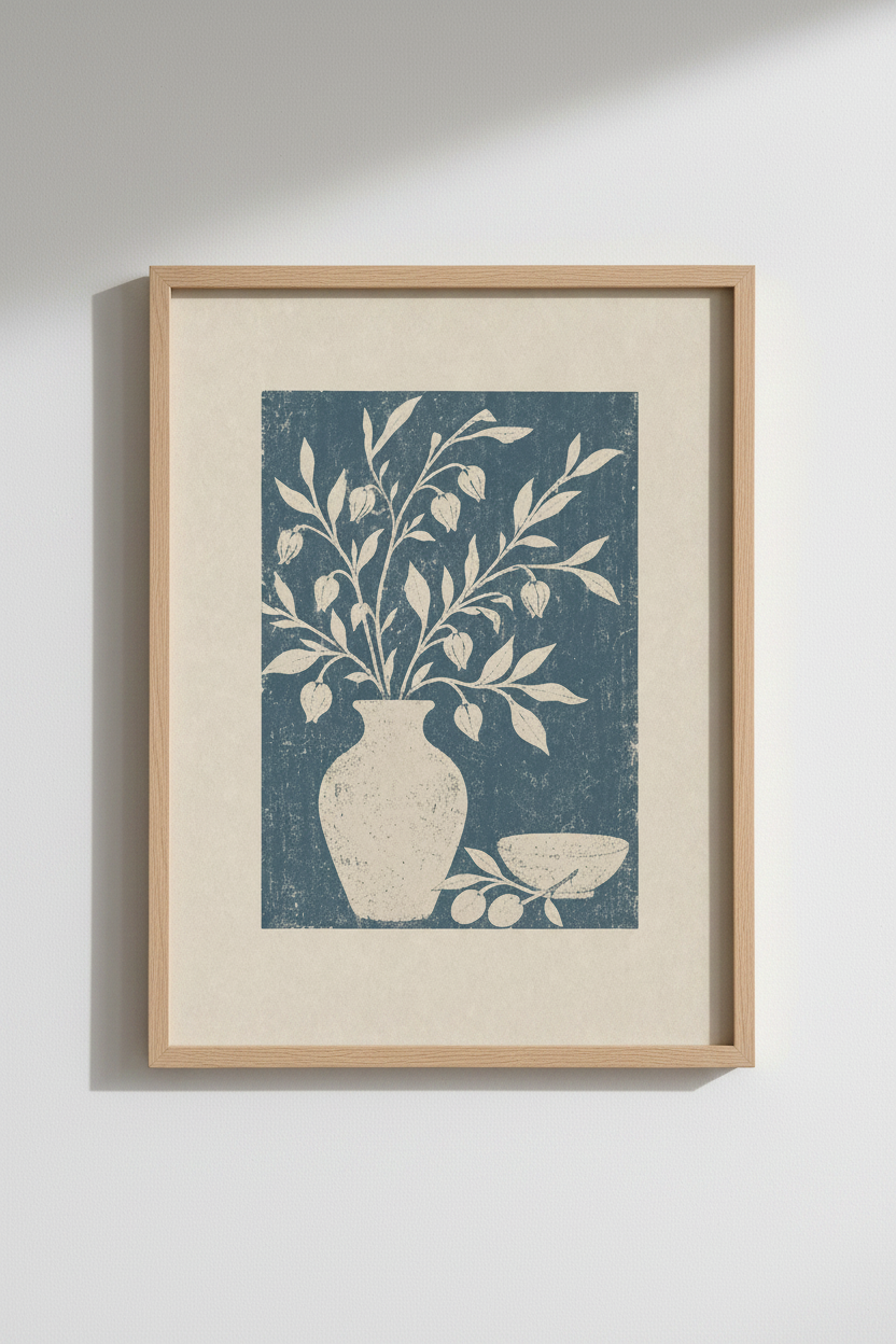 Floral Still Life Linocut | Blue Botanical Art, Mediterranean Style Poster