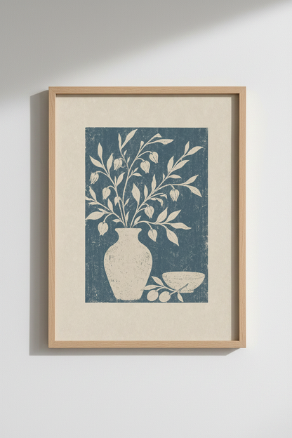 Floral Still Life Linocut | Blue Botanical Art, Mediterranean Style Poster