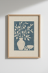 Floral Still Life Linocut | Blue Botanical Art, Mediterranean Style Poster