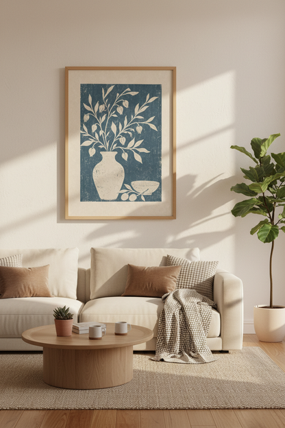 Floral Still Life Linocut | Blue Botanical Art, Mediterranean Style Poster